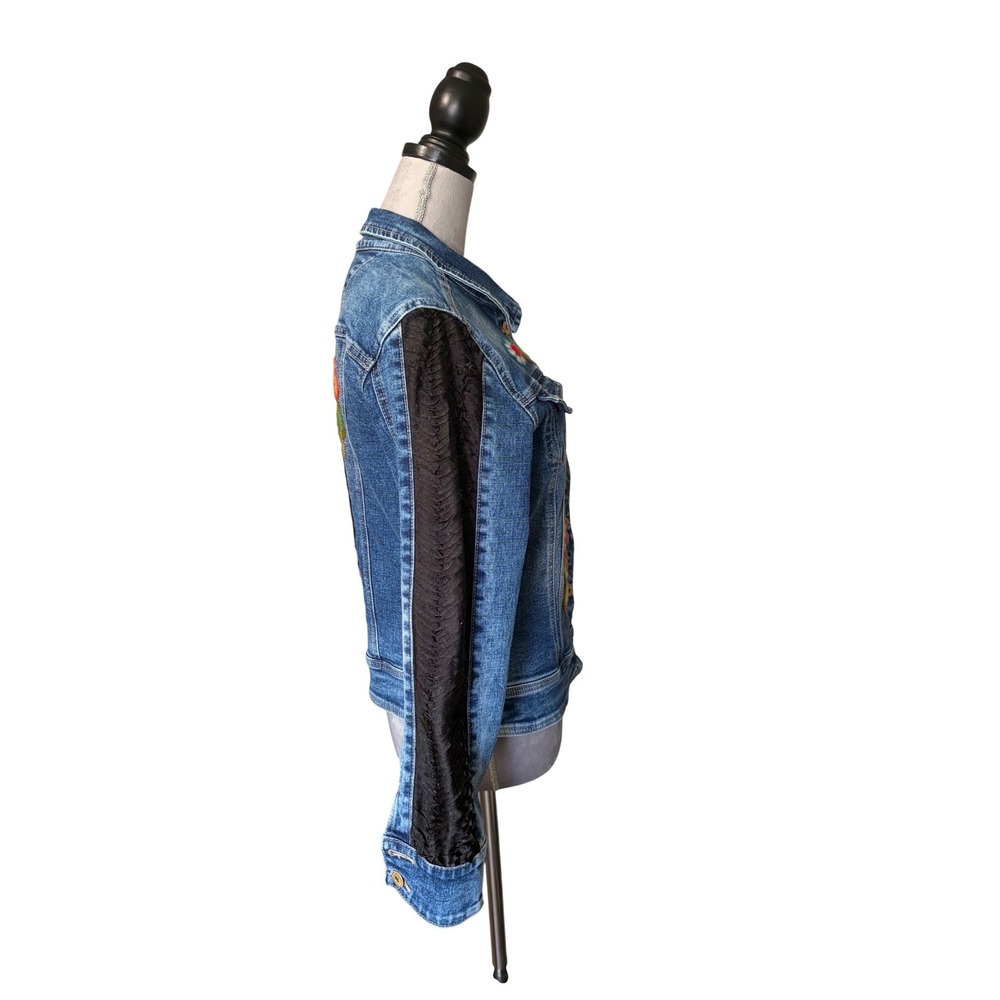 Zibella Jeans Embroidered Virgin Mary Denim Jacket Blue Lace Sleeve Women Medium - Picture 8 of 11